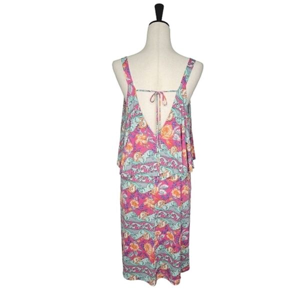 Watermelon Pink Floral Scoop V-neck Yoke Detail Sleeveless Dress Size 1X - Picture 4 of 8
